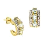 Vermeil (24k Gold over Sterling Silver) Genuine Blue Topaz Diamond Accent Stone Oval Prong Half Hoop Earrings