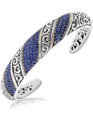 18K Yellow Gold and Sterling Silver Spiral Look Hinged Cuff with Blue Sapphires