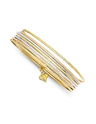 14K Tri-Color Gold 7 Slip-On Bangles with Heart Charm