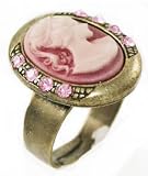 Beautiful Antique-Look Pink Cameo Girl Ring with Beautiful Crystals Adjustable Band Antique Gold Tone ~ Comes Gift Boxed