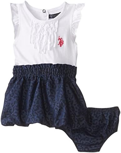 U.S. Polo Assn. Baby Girls' Ruffle Trim Dress, White, 12 Months