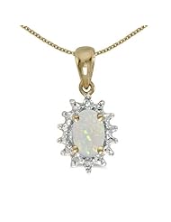 10k Yellow Gold Oval Opal And Diamond Pendant with 16" Chain