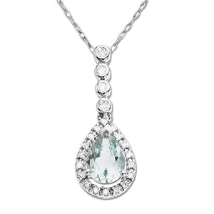 14k White Gold Aquamarine and Diamond Drop Pendant, 18 by
