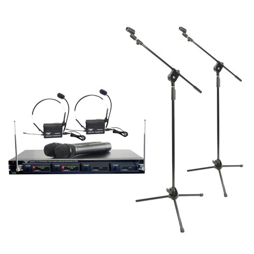 Pyle Mic and Stand Package PDWM4300 4 Mic VHF Wireless Rack Mount
