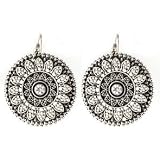 Ornate Lotus Star CZ Antiqued Silver Earrings