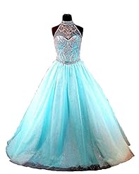Pleated Crystals  Beaded Sequined Crystal  Organza Floral Print  Halter  Ball Gown Quinceanera Dress  With Rhinestones and Ruffles
