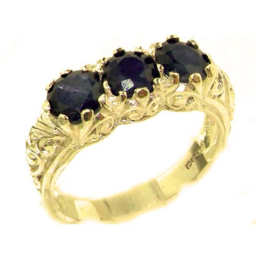 Luxury Solid Yellow Gold Natural Deep Blue Sapphire Art Nouveau Carved Trilogy Ring - Finger Sizes 5 to 12 Available