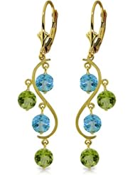 14k Solid Gold Curved Earrings with Blue Topaz and Peridots