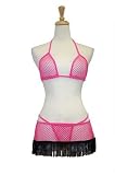 Exposed By Magic Silk Fishnet Collection, Fishnet Bra, Skirt With Fringe And G-string, Pink, Small/Meduim