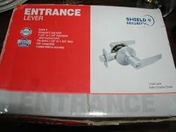 SHIELD SECURITY ENTRANCE LEVER LOCK IN SATIN CHROME FINISH. YOW #217685 GRADE 3 UNIVERSAL 6-WAY LATCH 2-3/8" OR 2-3/4" ADJUSTABLE STEEL BACKSET LATCH FITS DOORS 1-3/8" TO 1-3/4" THICK KW1 COMPATABLE PURCHASE INCLUDES 3 BOXES OR 3, ONE IN EACH BOX.