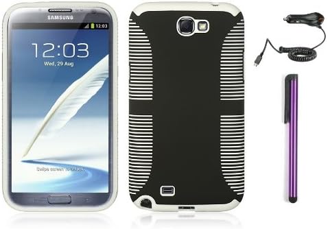 Premium Two Layer Hybrid Protector Cover Ez Grip Case for Samsung Galaxy Note 2 with Purple Stylus Pen and Phone Stand, Car Charger (White)