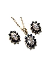 Peninsula Jewellery 9Ct Gold Sapphire And Cubic Zirconia Oval Cluster Pendant With Chain And Earr