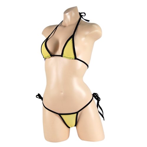 Bikinimo Swimwear Thong Bikini Swimsuit (Tart Lemon) COMPLETELY SHEER Bikini Set Size: Small