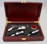 5 PC Wine Set in Beautiful Wood Box, Thermometer, Two Wine Stoppers,Drip Stopper and Corkscrew Opener