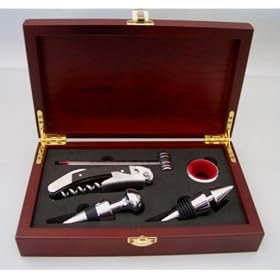 5 PC Wine Set in Beautiful Wood Box, Thermometer, Two Wine Stoppers,Drip Stopper and... by Simple Luxuries