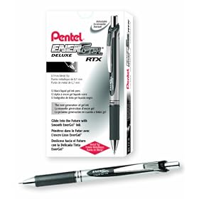 Pentel EnerGel Deluxe RTX Gel Pens, 0.7 mm Metal Tip, Black/Silver Barrel, Black Ink, 12 Each (BL77-A)