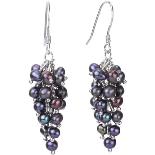 Black Cultured Pearl Platinum Overlay CAREFREE Sterling Silver Bunch Earrings