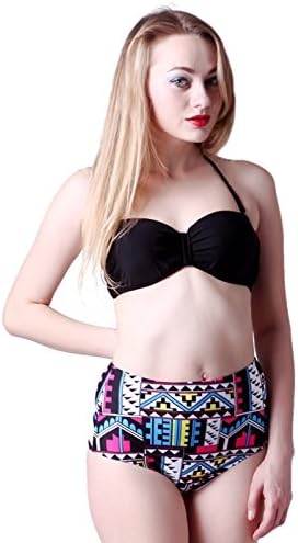 Tevonom Women Vintage 50s Pinup Girl Rockabilly High Waist Retro Bikini Swimsuit Set Black Top w/ Abstract Bottom Large