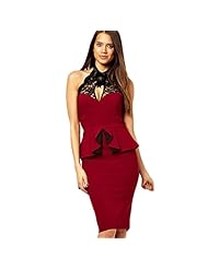 High-Neck Slit Peplum Polyester Halter Bodycon Dress/Midi Dress 