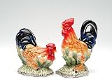 5 inch Ceramic Rooster Salt And Pepper Shakers With Blue Tail Feathers