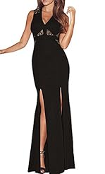 Sexy V-neck Polyester/Spandex Sleeveless Cutout Lace Slit Embroidered  Dress