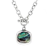 Sterling Silver Abalone Inlay Square Pendant on Large Cable Link Chain, 16"