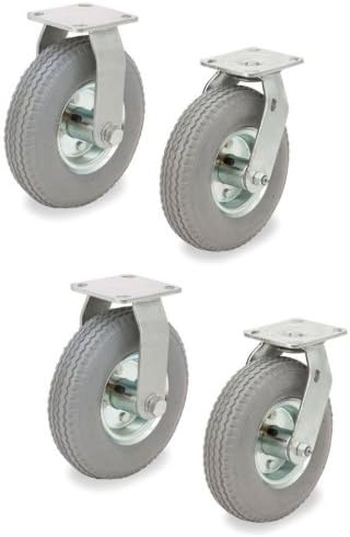 Set 4 New Plate Casters with Gray Non-Marking 8" Pneumatic Air Tires (2 Swivel & 2 Rigid)