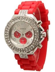 Red Geneva Womens Silicone Band Large Face Designer Inspired Faux Chronograph Boyfriend Watch with Baguette Stones Bling Bezel-Red