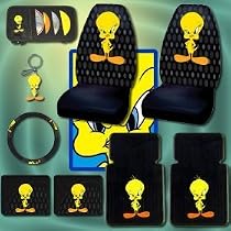 Tweety Bird Seat Covers, Floor Mats, Steering Wheel Cover, CD Visor and Key Chain 9 Pcs Set Combo
