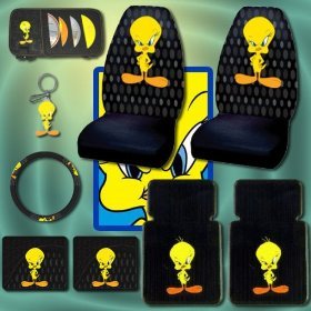 Tweety Bird Seat Covers, Floor Mats, Steering Wheel Cover, CD Visor and Key Chain 9 Pcs Set Combo