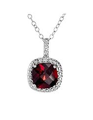 Sterling Silver Cushion-Cut Gemstone and Diamond Accent Necklace Pendant Necklace (H-I Color, I2 Clarity, 0.005 cttw)