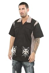 Rock House Iron Cross Black Button Front Cotton Short Sleeve Work Shirt
