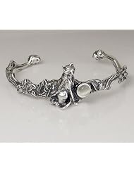 An Adorable Little Kitty Cat Cuff Bracelet Accented with a Genuine White Moonstone