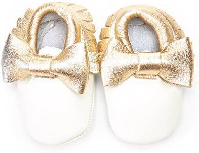 Khykouture Unisex-Child  White &amp; Gold Bow Leather Moccasin Bootie Newborn-0-3 Months Coral