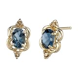 Traditional Beauty 1.25 cts Oval Checkerboard London Topaz Diamond Earrings 14Kt Yellow Gold
