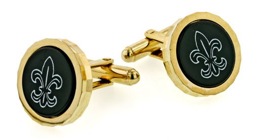 Dramatic yellow gold plated diamond cut cufflinks with onyx etched Fleur de Lis with presentation box. Made in the USA
