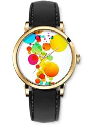 SPRAWL Aanalog Fashion Series Gold Ladies Watches of Genuine Black Leather Strap,Unique Wrist Watch for Women Girls Designed with Colored dots
