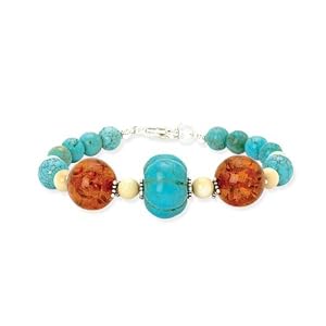 Sterling Silver Turquoise, Amber And White Coral Bracelet by 