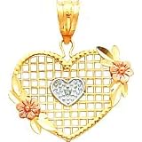14K Tri Color Gold Heart Flower Pendant Jewelry New