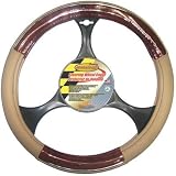 STEERING WHEEL COVER - BEIGE AND WOOD WITH CHROME TRIM