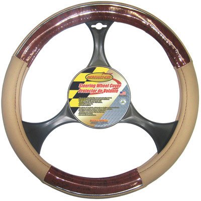 STEERING WHEEL COVER - BEIGE AND WOOD WITH CHROME TRIM