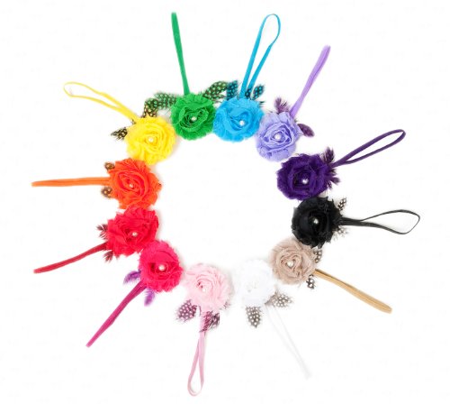 Ema Jane - Vintage Feather Chiffon Rosette Pearl Centered Flower Hair Glued to Skinny Stretchy Headbands (12CT)