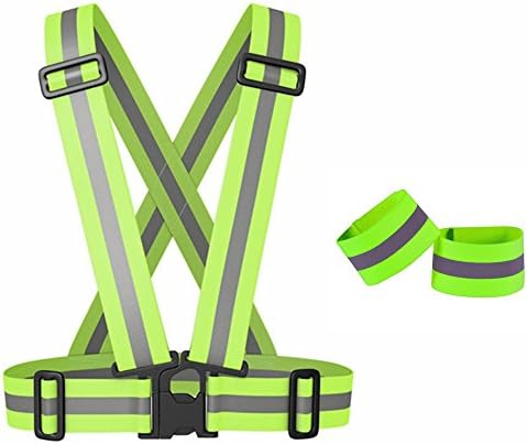 MsFeng Reflective Vest/Belt + FREE 2 Reflective Bands for High Visibility, Lightweight, Fully Adjustable &amp; Multi-purpose: Reflective Running Vest, Cycling, Motorcycle Safety, Dog Walking - Neon Green