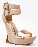 Bamboo NICOLE-09 Curved Heel Less Metallic Buckle Ankle Strap Open Toe Wedge Heel Sandal