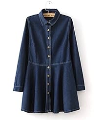 Elbow Length Sleeves Pleated Cotton/Denim  Shirt  Dress