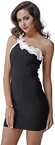 FAIRDLS Women's Sexy One Shoulder Ruffle Sleeve Bodycon Mini Dress Night Gown (L, Black)
