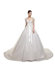 Satin/Tulle Sheer Lace-Up Applique Beaded Wedding Party Dress  with a Chapel Train 