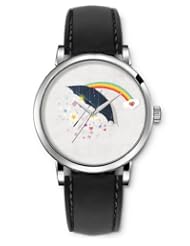 SPRAWL Aanalog Fashion Series Silver Ladies Watches of Genuine Black Leather Strap,Unique Wrist Watch for Women Girls Designed with Umbrellas and rainbows