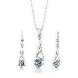 Sterling Silver Rhodium Finish 2.25 carats total weight Round Shape Swiss Blue Topaz Pendant Earrings and 18 inch Necklace Set