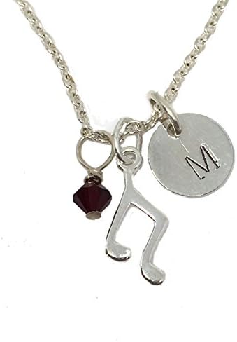 Music Note Personalized Initial Necklace in Sterling Silver: Music Note Charm, Hand Stamped Charm, &amp; Swarovski Birthstone Crystal FS-NOTE